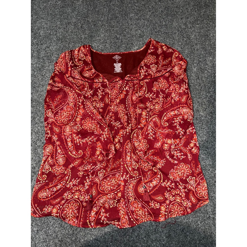 St. Johns Bay Red Paisley Blouse Petite Large Polyester Short Sleeve Top